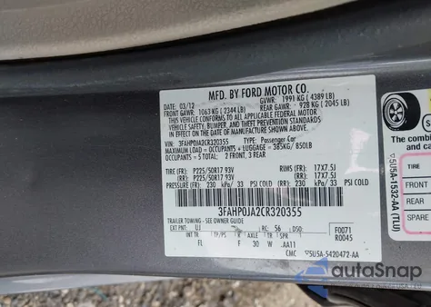 2012 Ford Fusion Sel z USA, uszkodzony, nr VIN 3FAHP0JA2CR320355